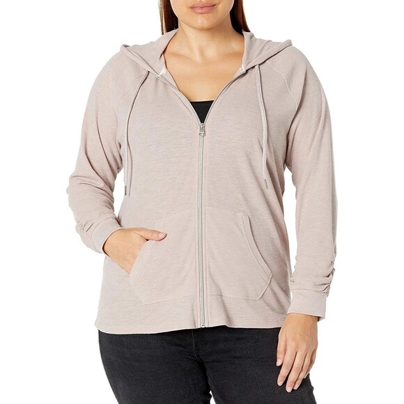 Calvin Klein Ruched-Sleeve Zip Hoodie, XS-4 Evening Sand 2X - Picture 1 of 2